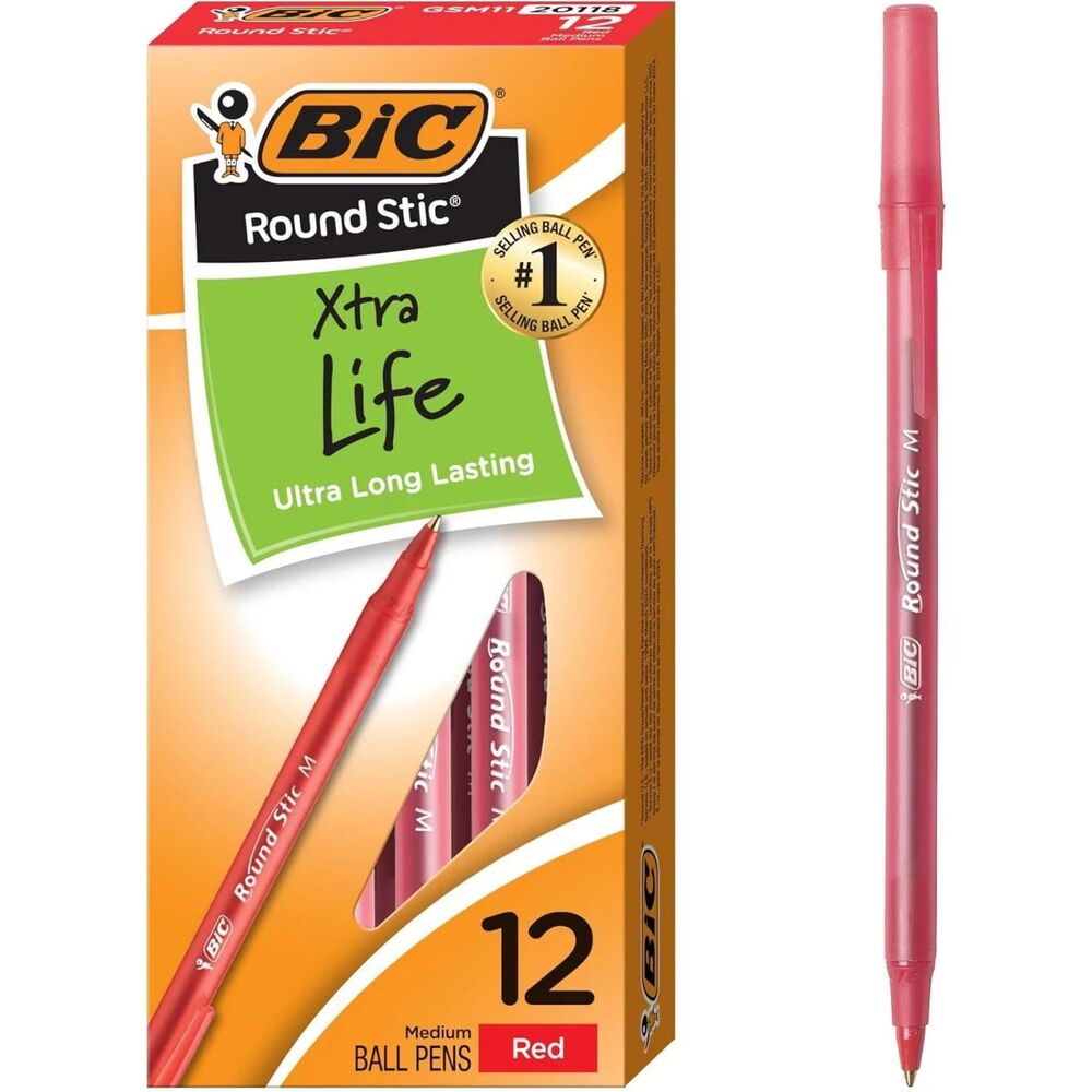 12 Pack Red ink BIC Round Stic Xtra Life Stick Ballpoint Pens Medium